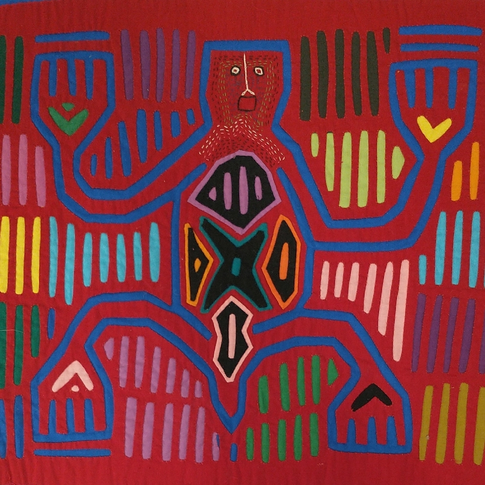 Mola Jumping Man Colorful Folk Art Textile 16x20 Matted Kuna Panama Handcrafted